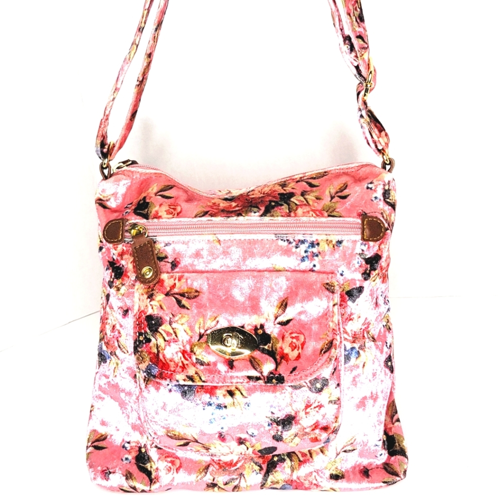 ``P25304 Cross Body Floral Velour Pink Design Bag
